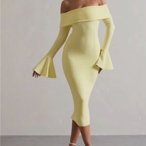 LEMON BARDOT FLARED-SLEEVE MIDI DRESS